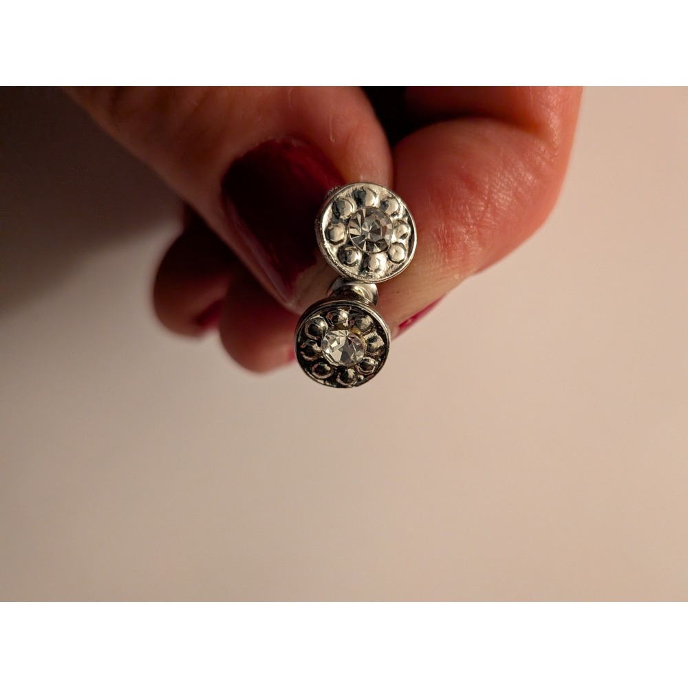 Vintage Style Silver Tone Round Rhinestone Stud Earrings Beaded Border Post Back